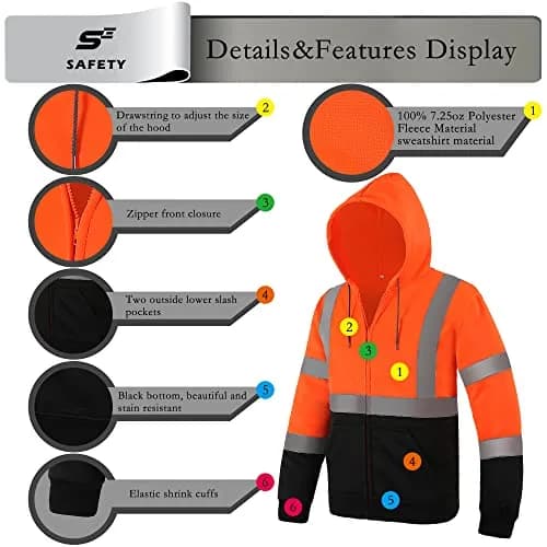 sesafety High Visibility Safety Sweatshirt for Men, Class 3 Reflective Zippered Hoodie, Hi-Vis Safety Hoodie with Black Bottom | ANSI 107 Type R Class 3 thumbnail 4