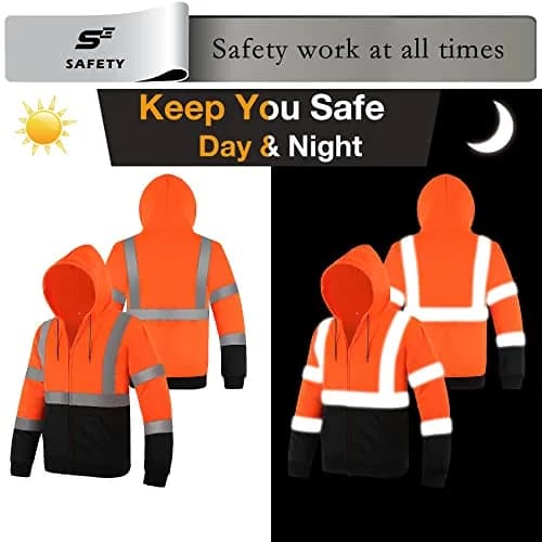 sesafety High Visibility Safety Sweatshirt for Men, Class 3 Reflective Zippered Hoodie, Hi-Vis Safety Hoodie with Black Bottom | ANSI 107 Type R Class 3 thumbnail 6