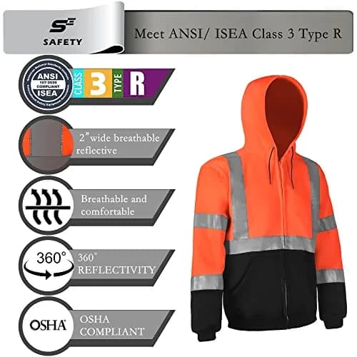 sesafety High Visibility Safety Sweatshirt for Men, Class 3 Reflective Zippered Hoodie, Hi-Vis Safety Hoodie with Black Bottom | ANSI 107 Type R Class 3 thumbnail 3