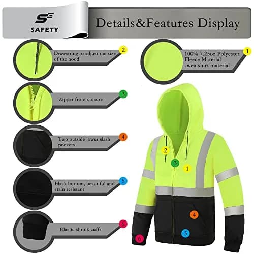 sesafety High Visibility Safety Sweatshirt for Men, Class 3 Reflective Hoodie, Yellow-204 | ANSI 107 Type R Class 3 Compliant (70-120 chars) thumbnail 4