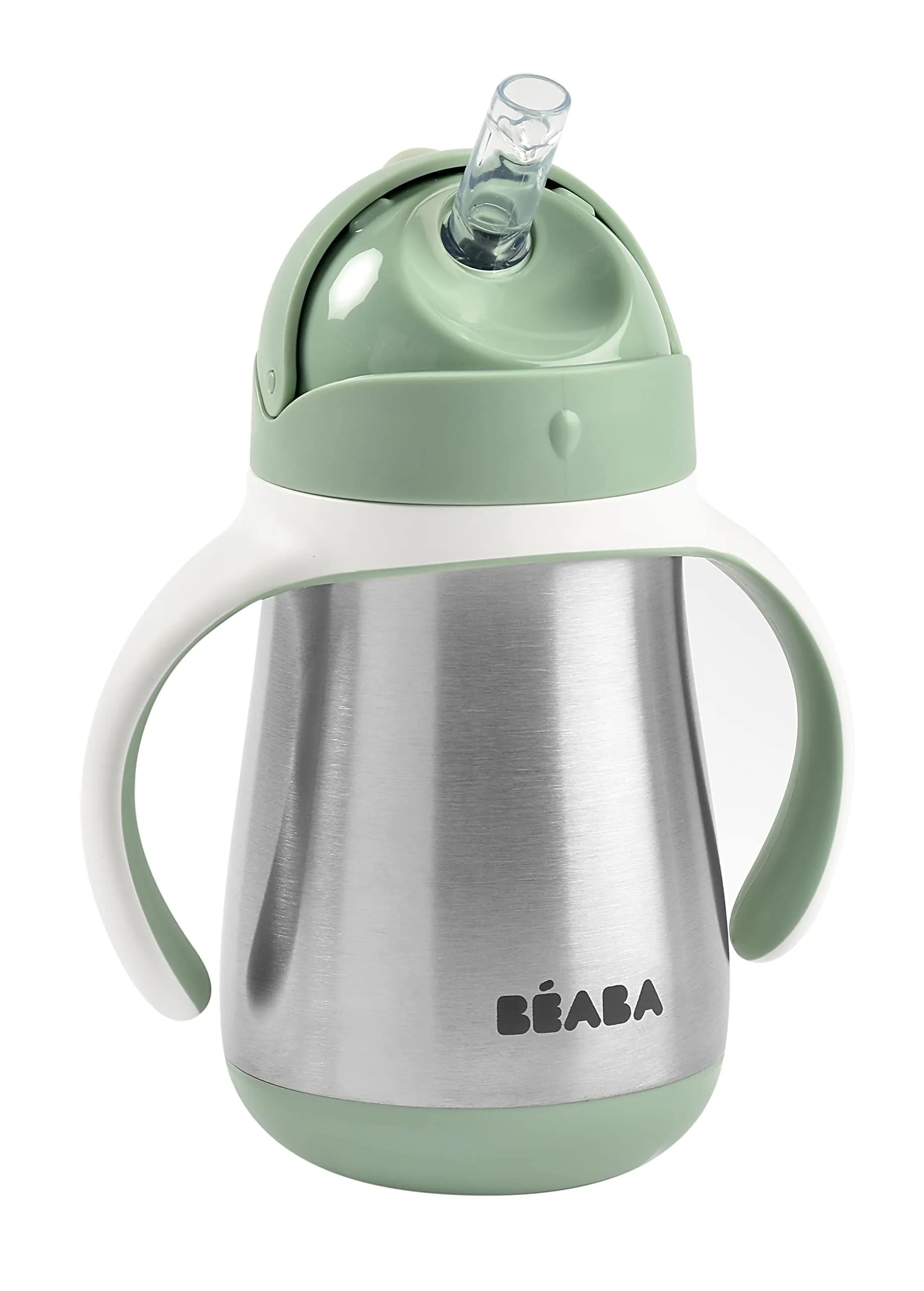 Béaba Stainless Steel Straw Sippy Cup with Removable Handles, Insulated Toddler Cup 250ml (8.5 oz) | Spill-Proof & BPA-Free — Sage