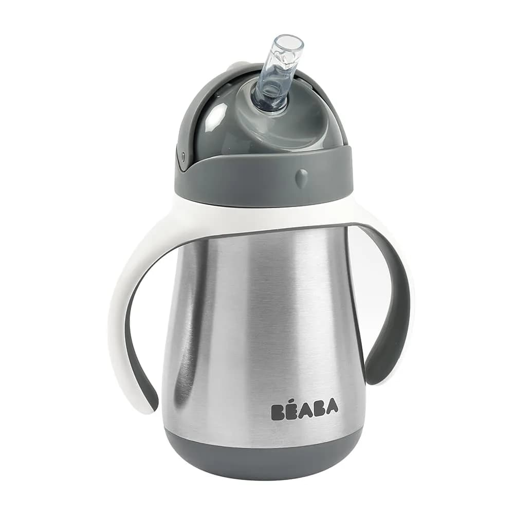 Béaba Stainless Steel Straw Sippy Cup Insulated Toddler Cup 240ml (8.5 oz) | Spill-Proof Leak-Proof for 8+ Months — Charcoal