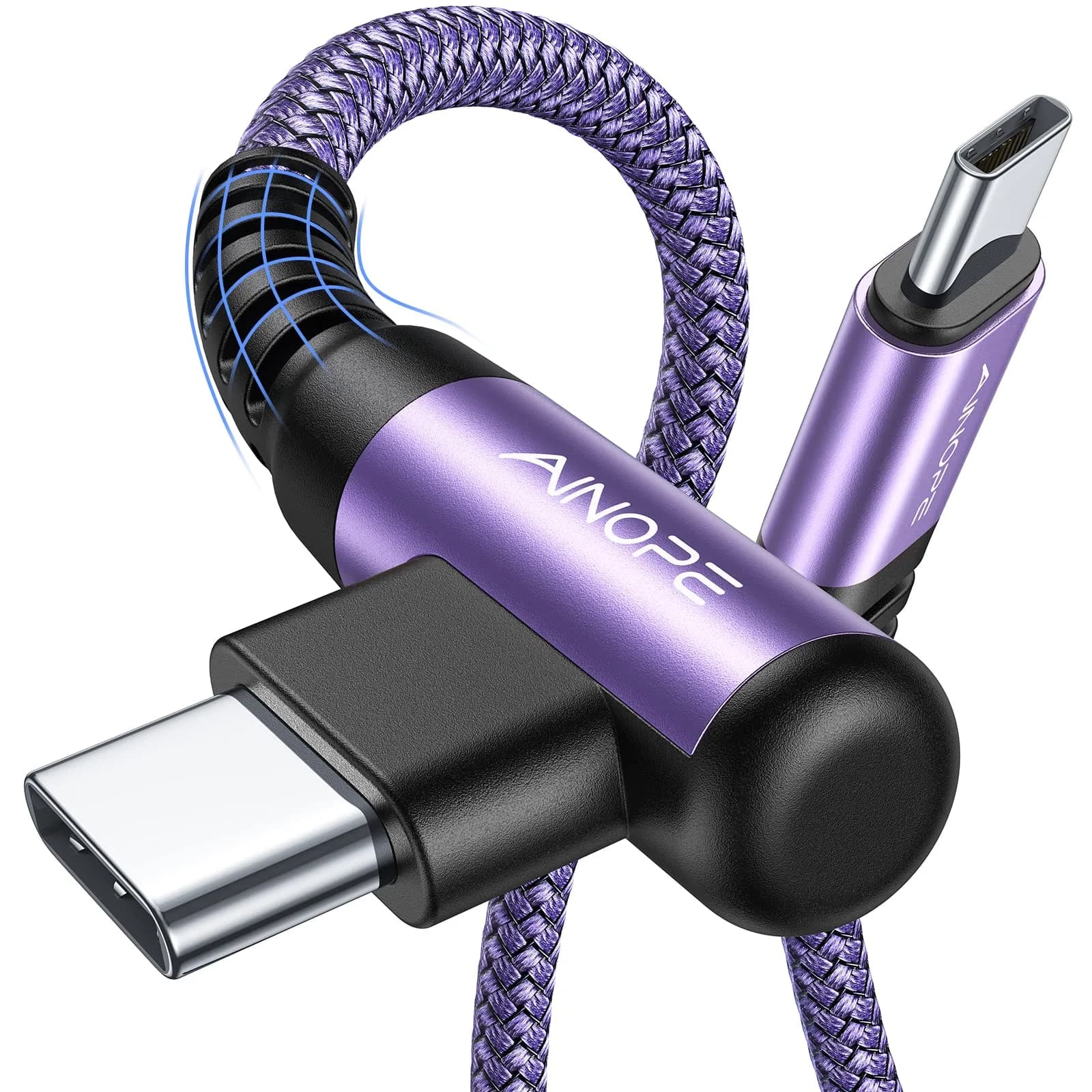AINOPE 6.6ft Purple USB C to USB C Cable 2-Pack, 60W Fast Charging Right Angle - main product image