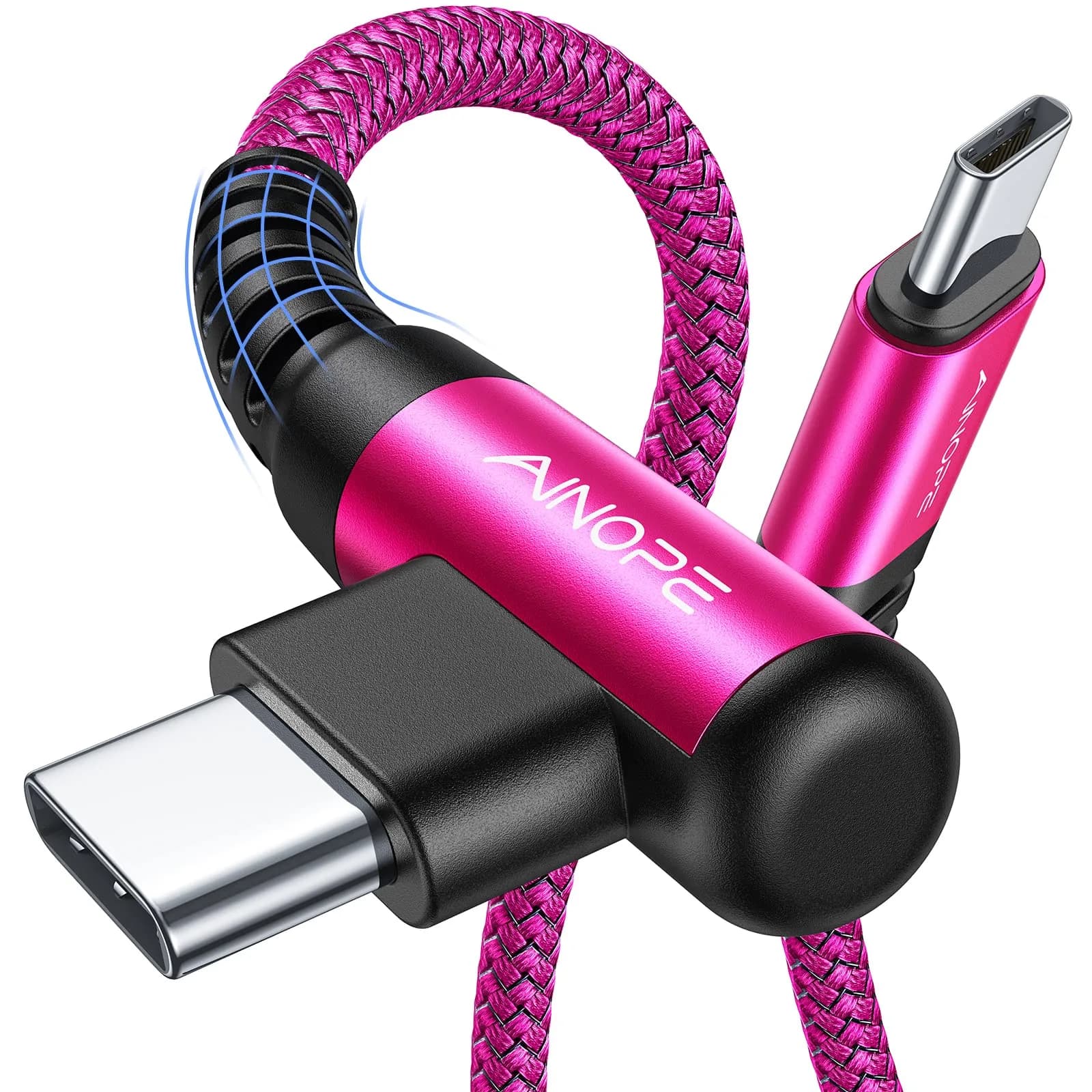 AINOPE 6.6ft Rose Red USB C to USB C Cable - 2 Pack Right Angle Fast Charging & Data Transfer - main product image