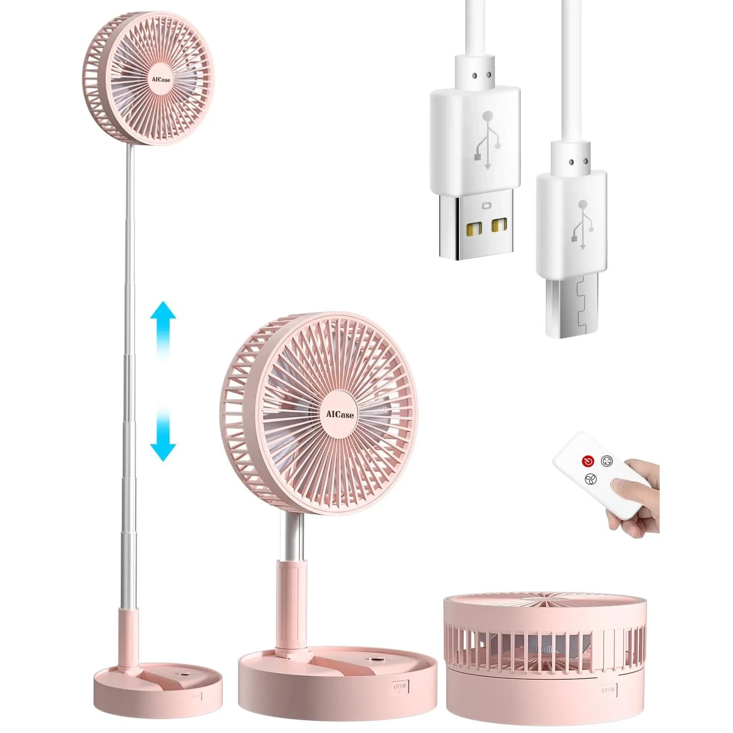 AICase Folding Portable Telescopic Fan 7200mAh Battery | 4 Speeds, 39.3" Height, Pink - main product image