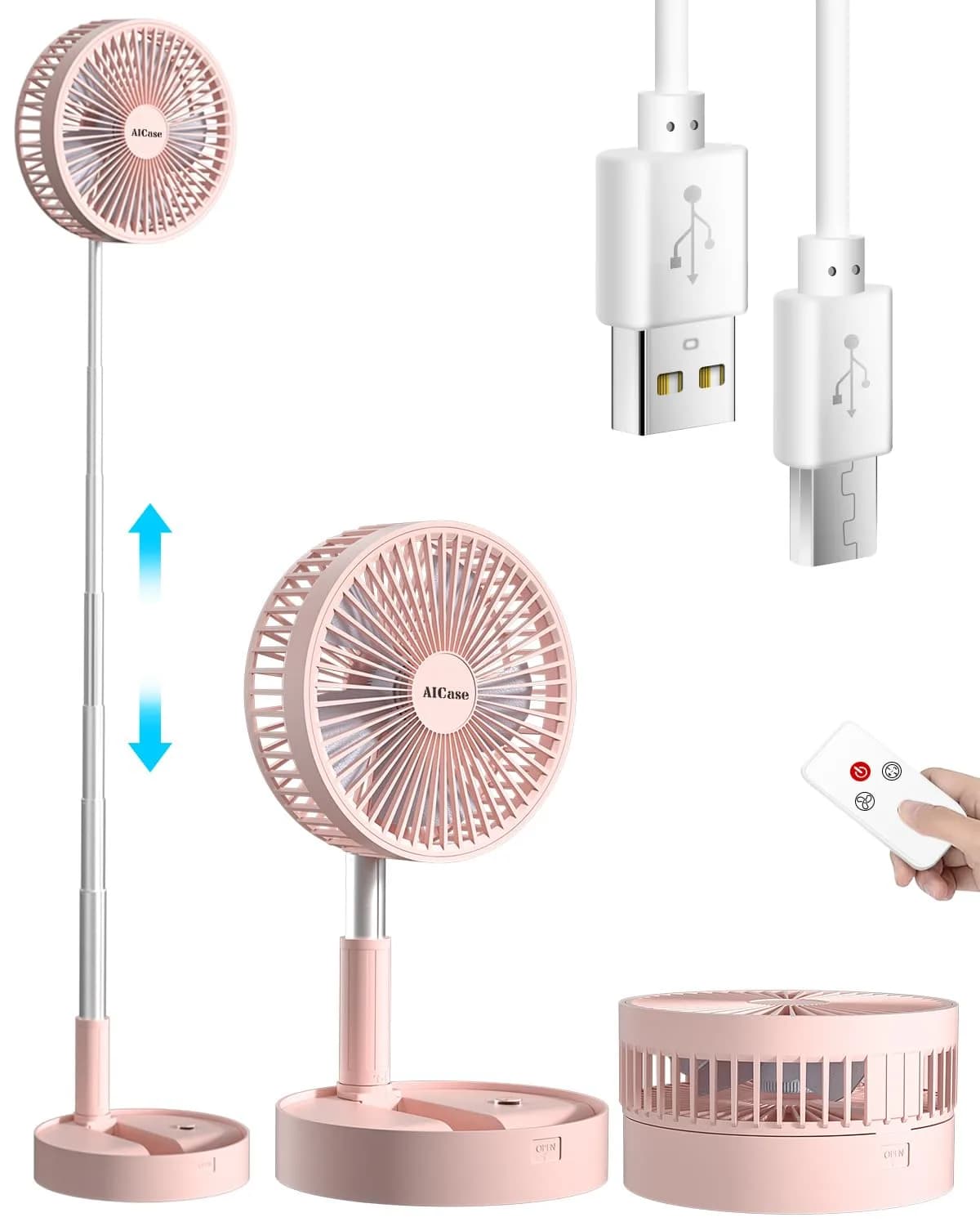 AICase Folding Portable Telescopic Floor/USB Desk Fan with 7200mAh Battery | 4 Speeds, 39.3" Height, 40dB Quiet Operation — Pink 10800mAh