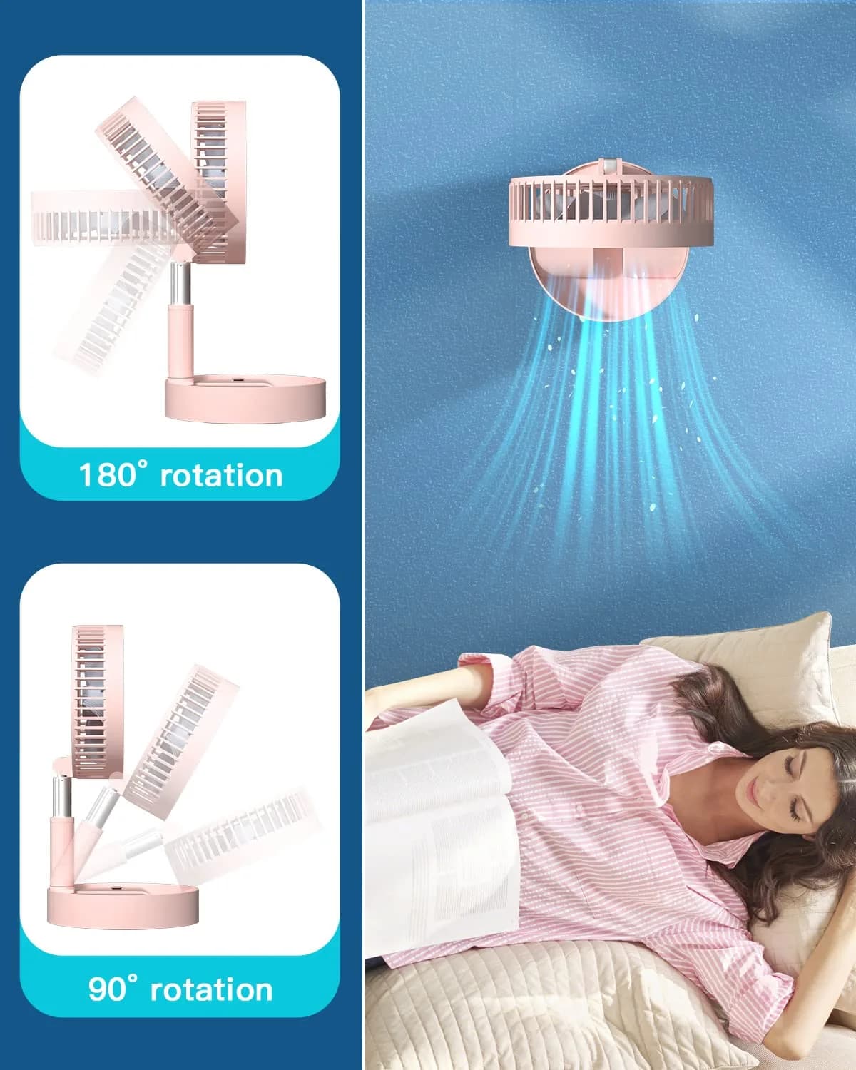 AICase Folding Portable Telescopic Fan 7200mAh Battery | 4 Speeds, 39.3" Height, Pink - view 5