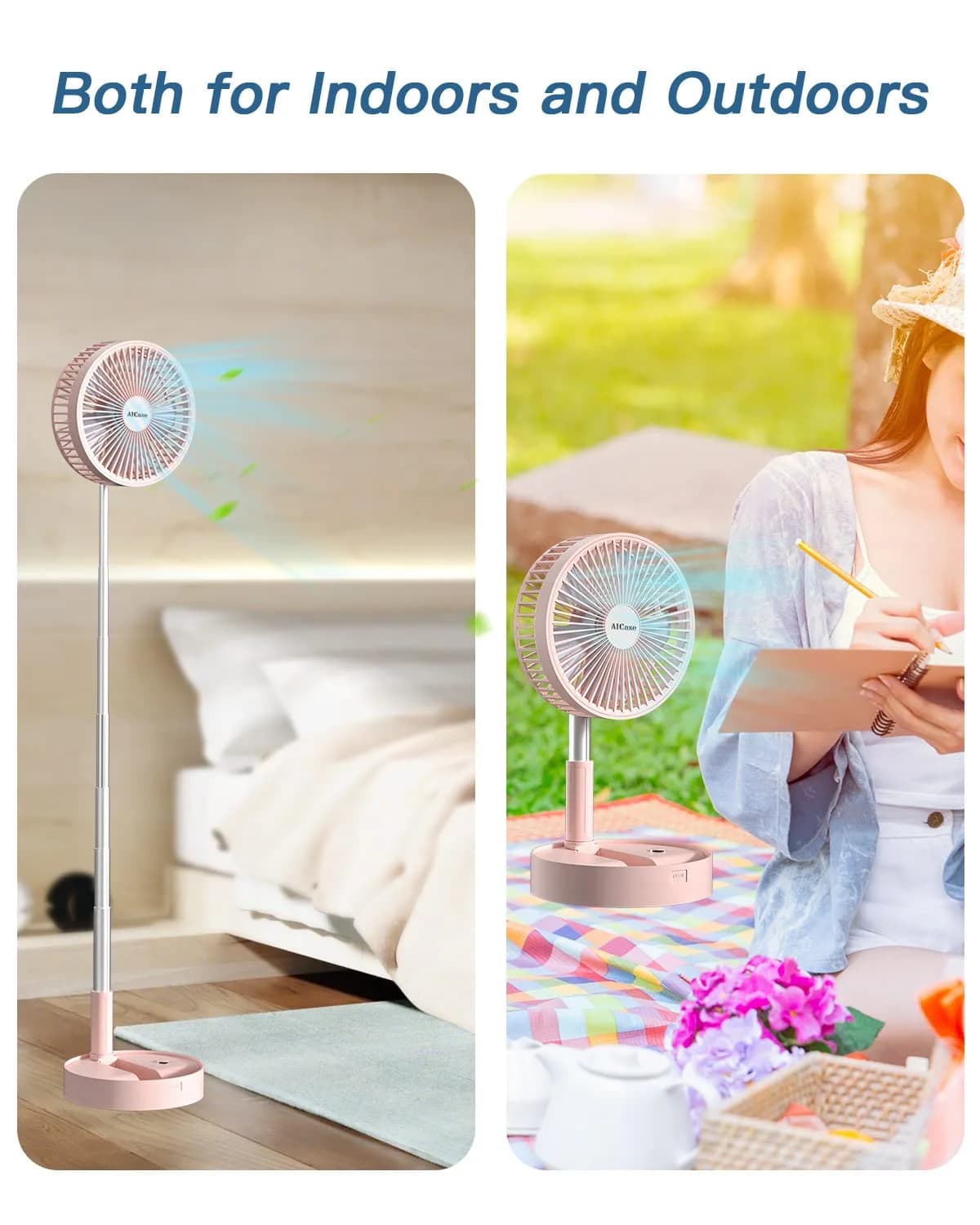AICase Folding Portable Telescopic Fan 7200mAh Battery | 4 Speeds, 39.3" Height, Pink - view 6
