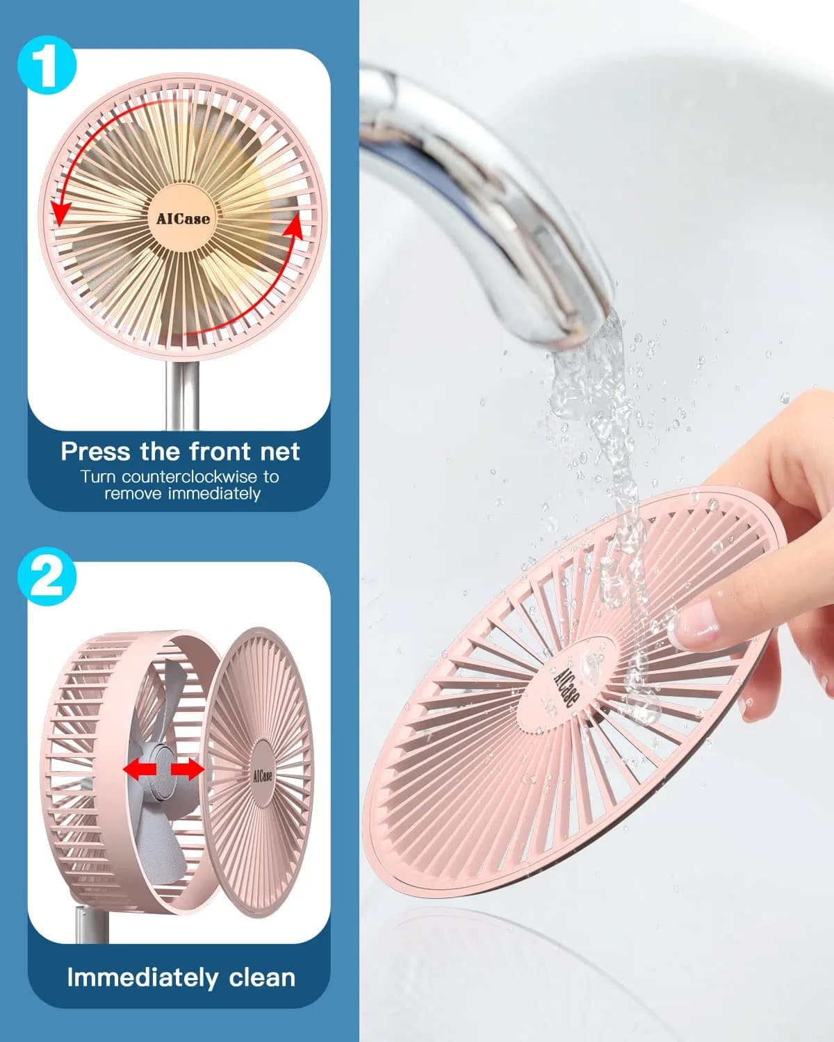 AICase Folding Portable Telescopic Fan 7200mAh Battery | 4 Speeds, 39.3" Height, Pink - view 7