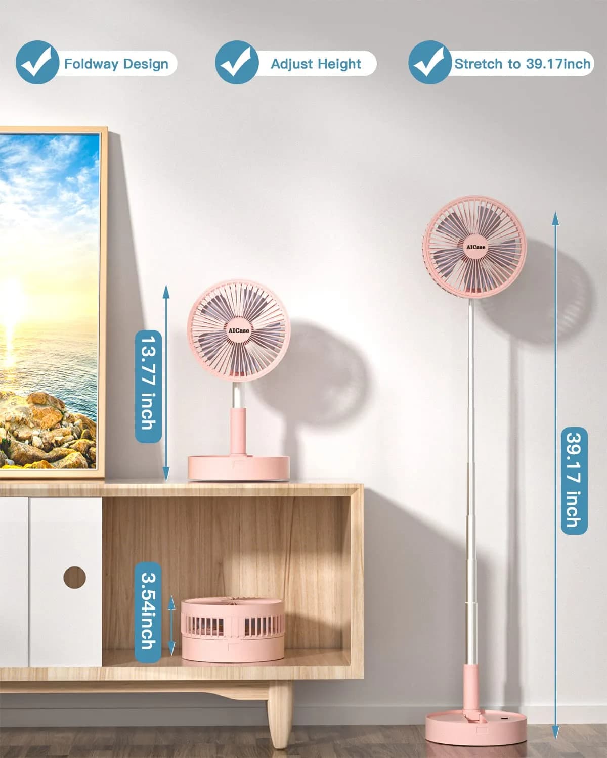 AICase Folding Portable Telescopic Fan 7200mAh Battery | 4 Speeds, 39.3" Height, Pink - view 2