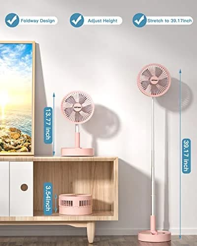 AICase Folding Portable Telescopic Fan 7200mAh Battery | 4 Speeds, 39.3" Height, Pink thumbnail 2