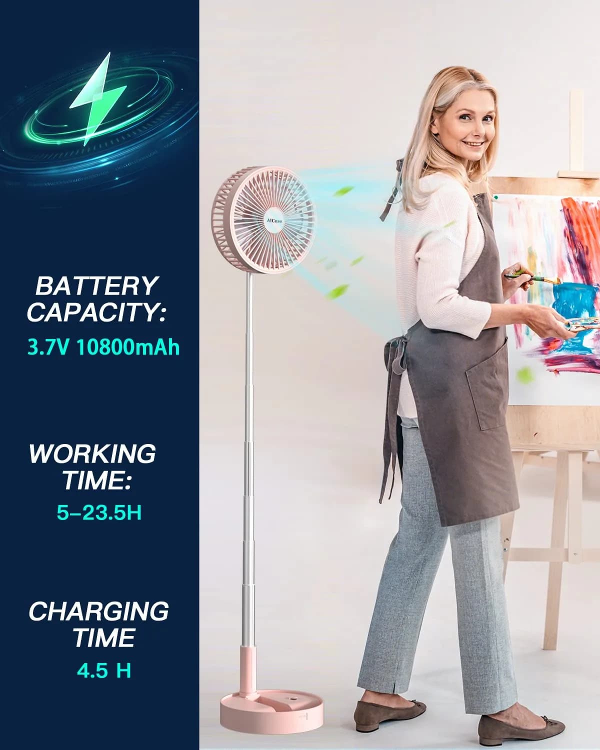 AICase Folding Portable Telescopic Fan 7200mAh Battery | 4 Speeds, 39.3" Height, Pink - view 3