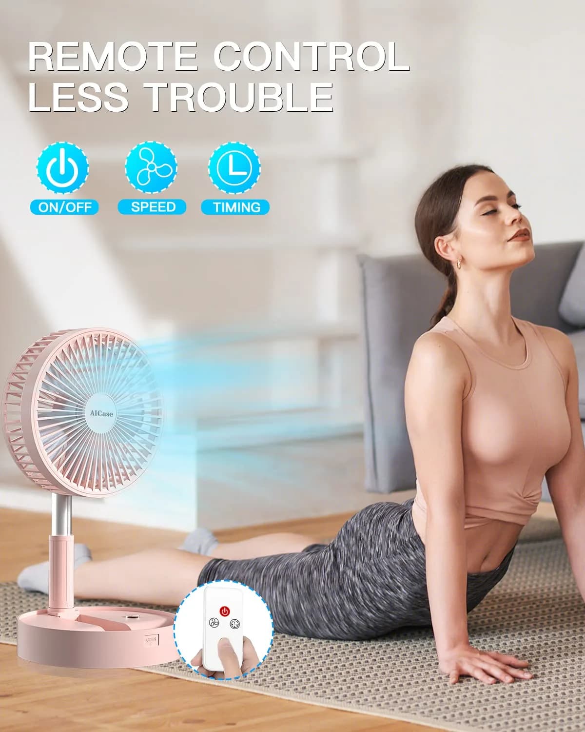 AICase Folding Portable Telescopic Fan 7200mAh Battery | 4 Speeds, 39.3" Height, Pink - view 4