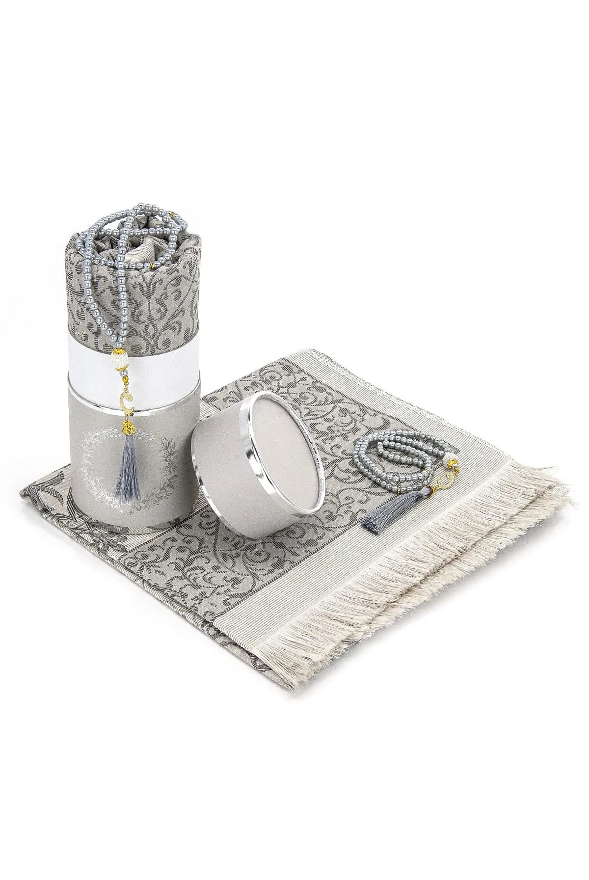 ihvan online Grey Prayer Rug with Beads - 117cm x 71cm | Soft Taffeta Islamic Janamaz - main product image