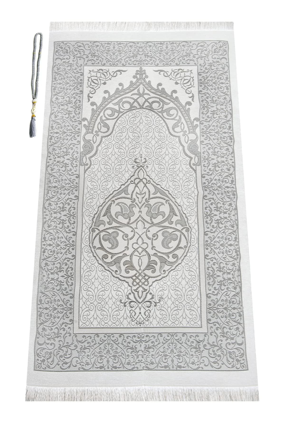 ihvan online Grey Prayer Rug with Beads - 117cm x 71cm | Soft Taffeta Islamic Janamaz - view 2