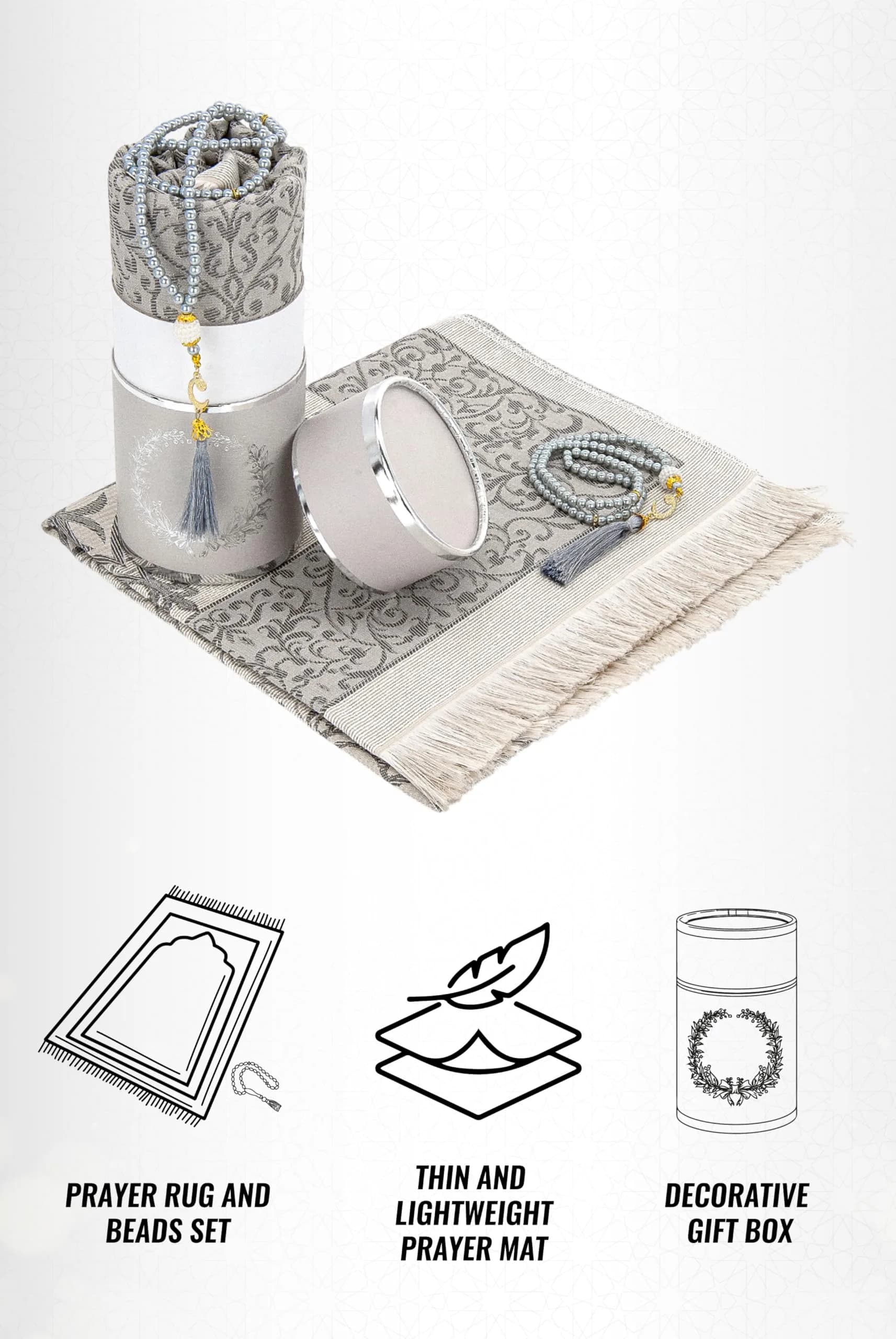 ihvan online Grey Prayer Rug with Beads - 117cm x 71cm | Soft Taffeta Islamic Janamaz - view 3