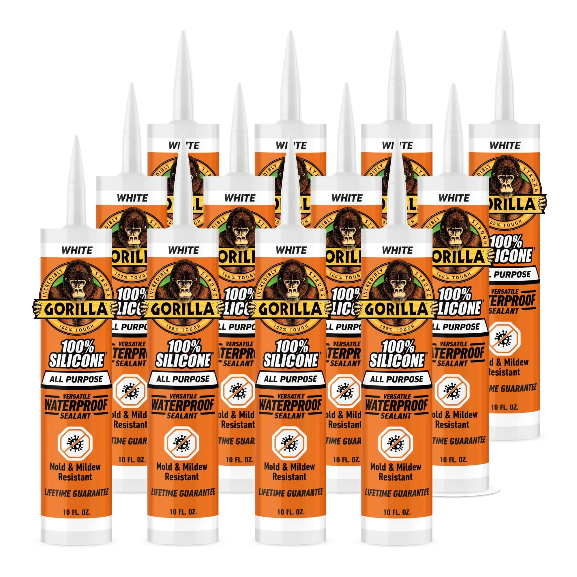 Gorilla 100% Silicone Sealant White 10oz Cartridge (12-Pack) | Waterproof, Mold & Mildew Resistant Sealant - main product image