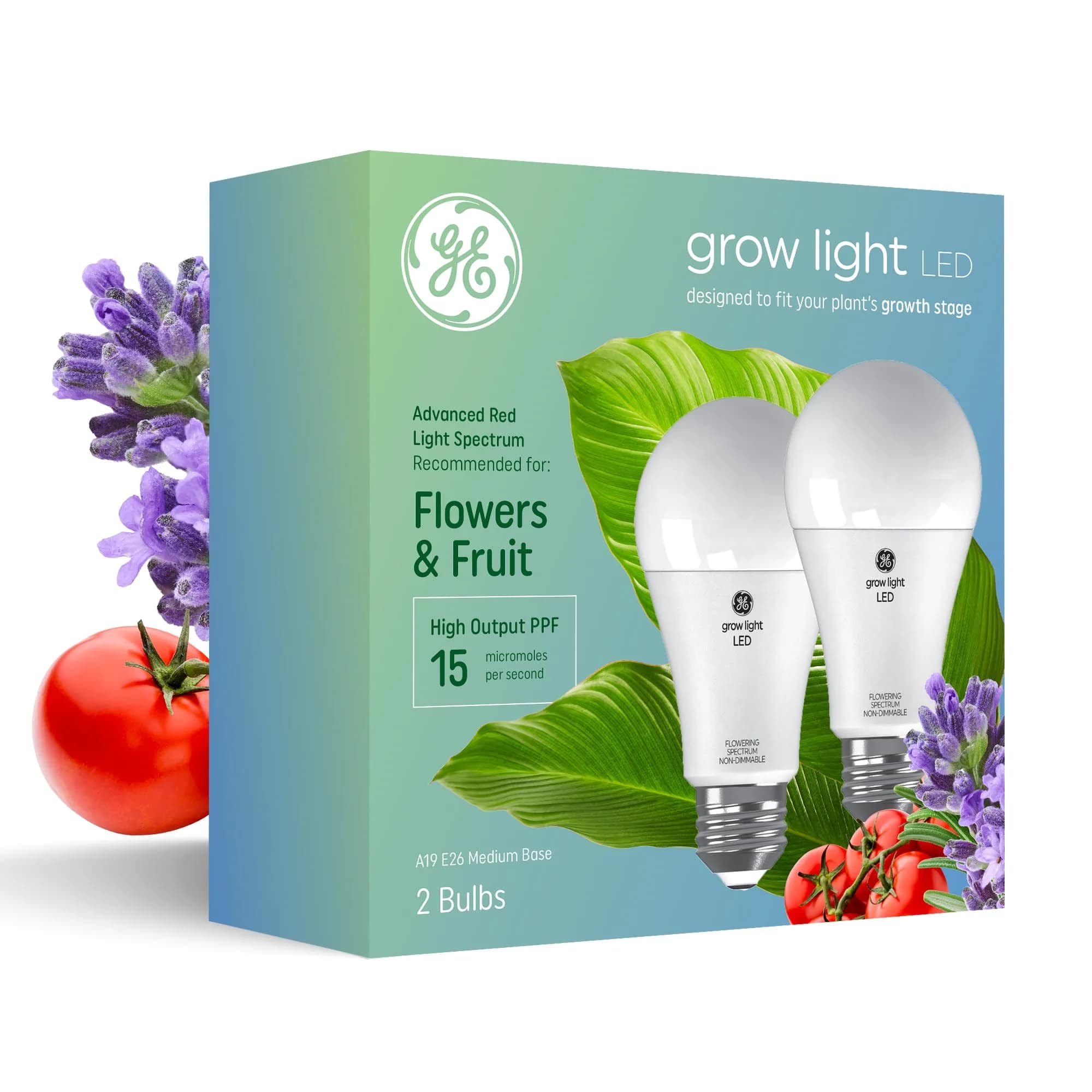 GE Grow Lights for Indoor Plants, A19 LED Bulbs, 2 Pack | Full Spectrum Red Light, 25,000 Hours Lifespan — Flowers and Fruit