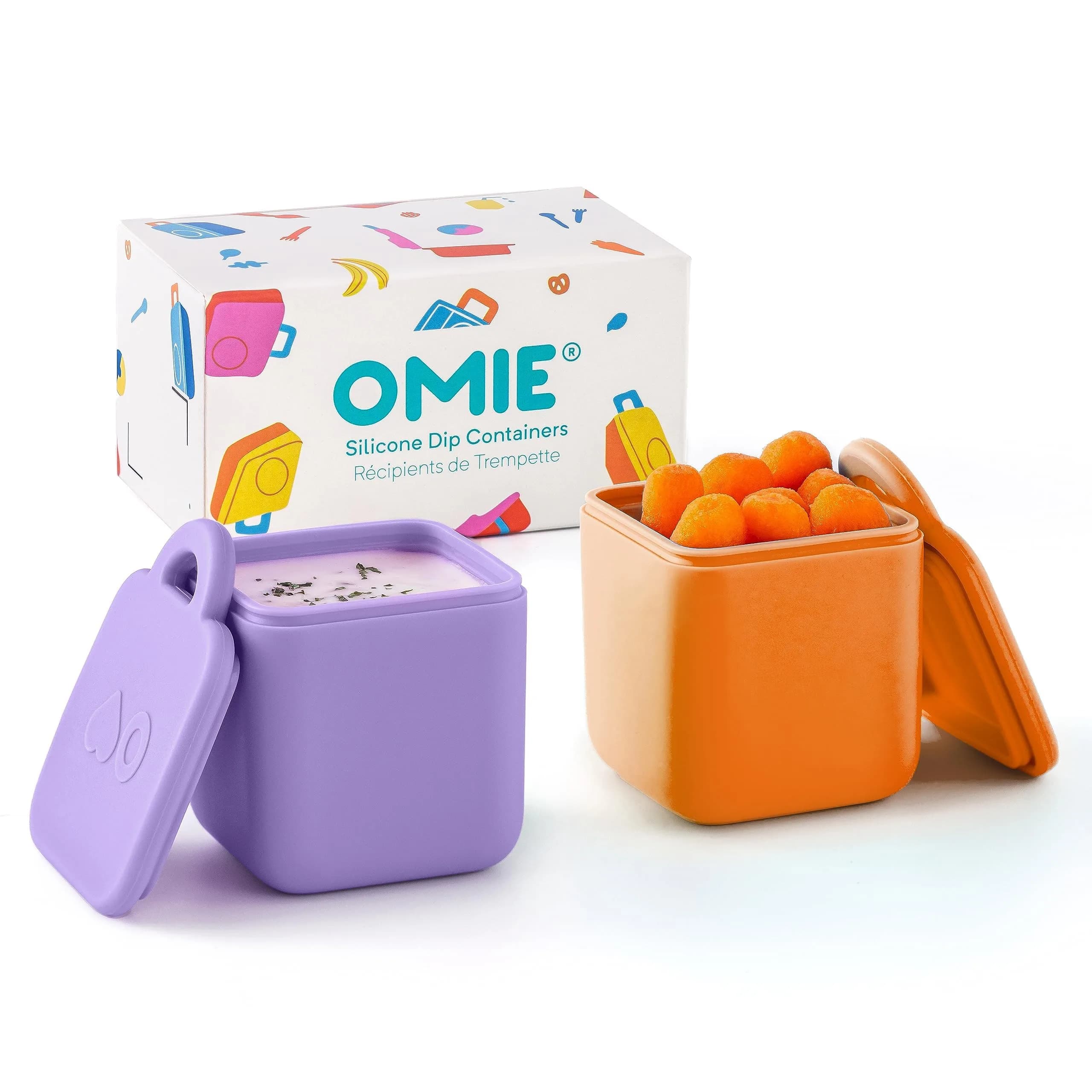 Omie OmieBox Leakproof Dip Containers 2 Pack Pink/Purple | 118ml (4 fl oz) Airtight Silicone — Purple/Orange / 4 ounces