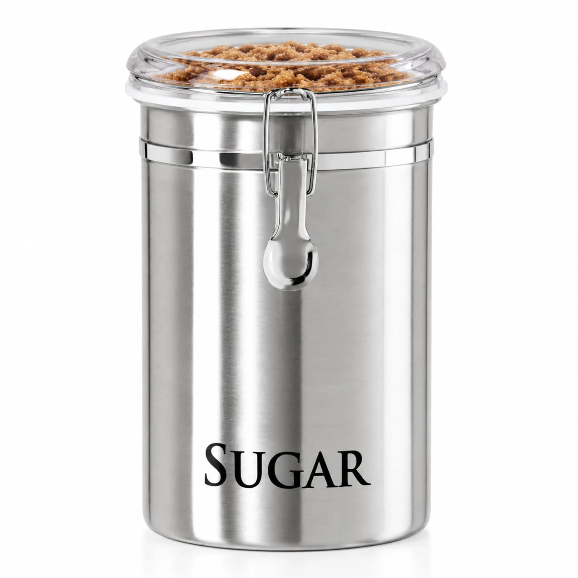 Oggi Stainless Steel Sugar Canister 62 fl oz | Airtight Clamp Lid, Clear See-Thru Top, Large Size 5" x 7.5"