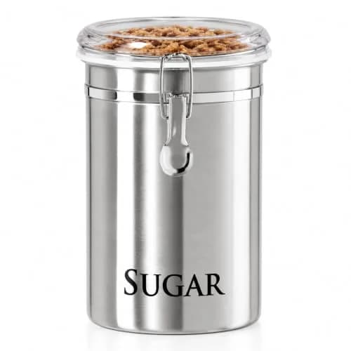 Oggi Stainless Steel Sugar Canister 62 fl oz | Airtight Clamp Lid, Clear See-Thru Top, Large Size 5" x 7.5" thumbnail 1