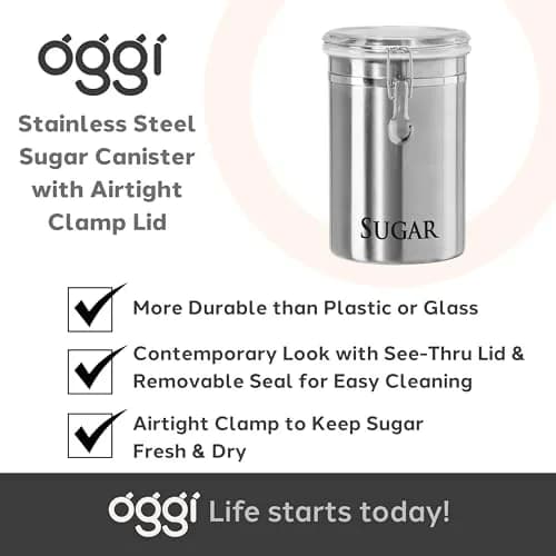 Oggi Stainless Steel Sugar Canister 62 fl oz | Airtight Clamp Lid, Clear See-Thru Top, Large Size 5" x 7.5" thumbnail 7