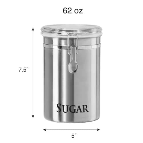 Oggi Stainless Steel Sugar Canister 62 fl oz | Airtight Clamp Lid, Clear See-Thru Top, Large Size 5" x 7.5" thumbnail 2