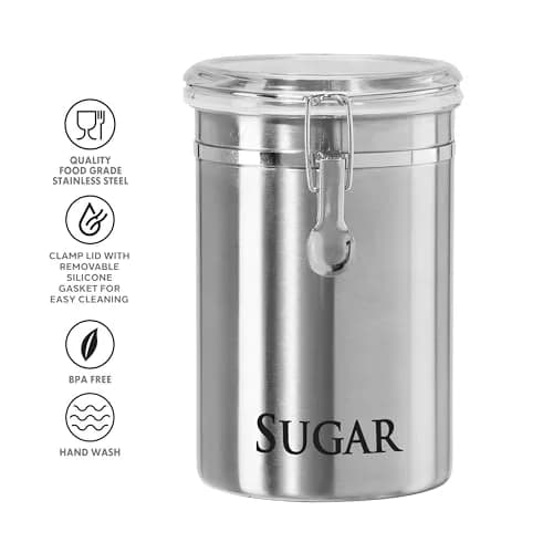Oggi Stainless Steel Sugar Canister 62 fl oz | Airtight Clamp Lid, Clear See-Thru Top, Large Size 5" x 7.5" thumbnail 3