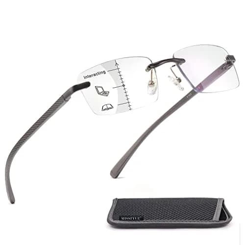 Missfive Premium Aluminum Progressive Multifocus Reading Glasses 1.5 Diopters (0.75x-1.5x) | Blue Light Blocking, Rimless Metal Readers thumbnail 1