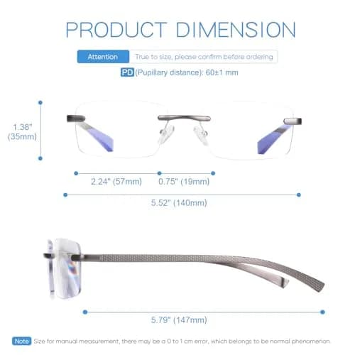 Missfive Premium Aluminum Progressive Multifocus Reading Glasses 1.5 Diopters (0.75x-1.5x) | Blue Light Blocking, Rimless Metal Readers thumbnail 5