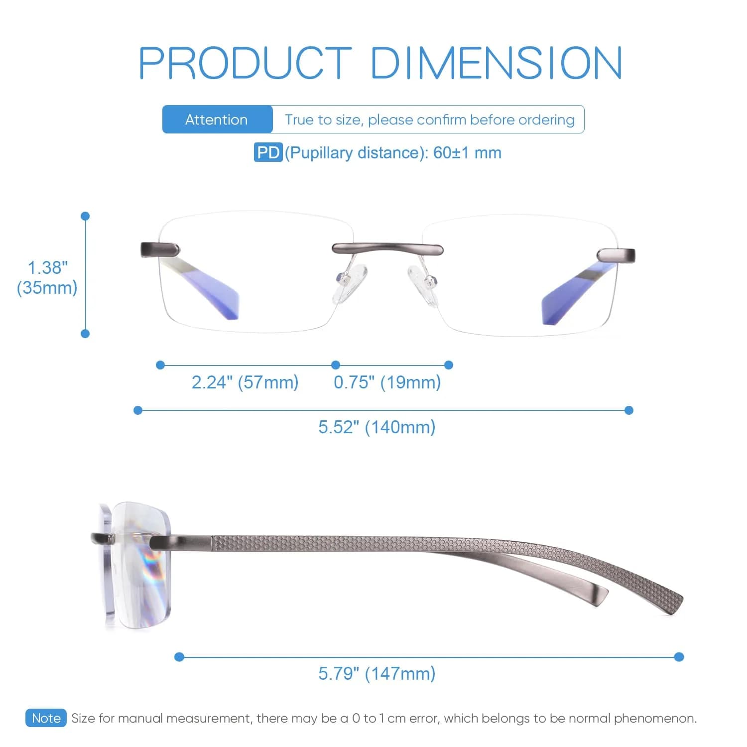 Missfive Premium Aluminum Progressive Multifocus Reading Glasses 1.5 Diopters (0.75x-1.5x) | Blue Light Blocking, Rimless Metal Readers - view 5