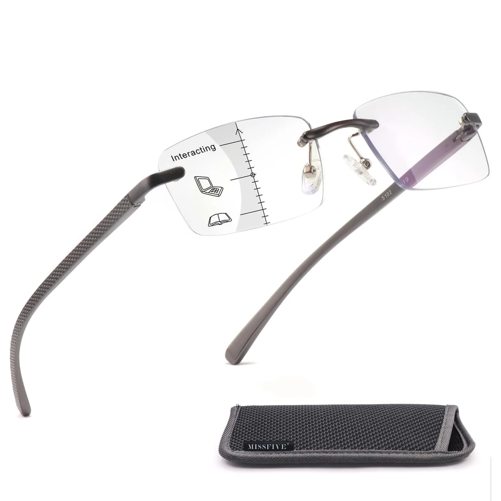 Missfive Premium Aluminum Progressive Multifocus Reading Glasses 1.5 Diopters (0.75x-1.5x) | Blue Light Blocking, Rimless Metal Readers - main product image