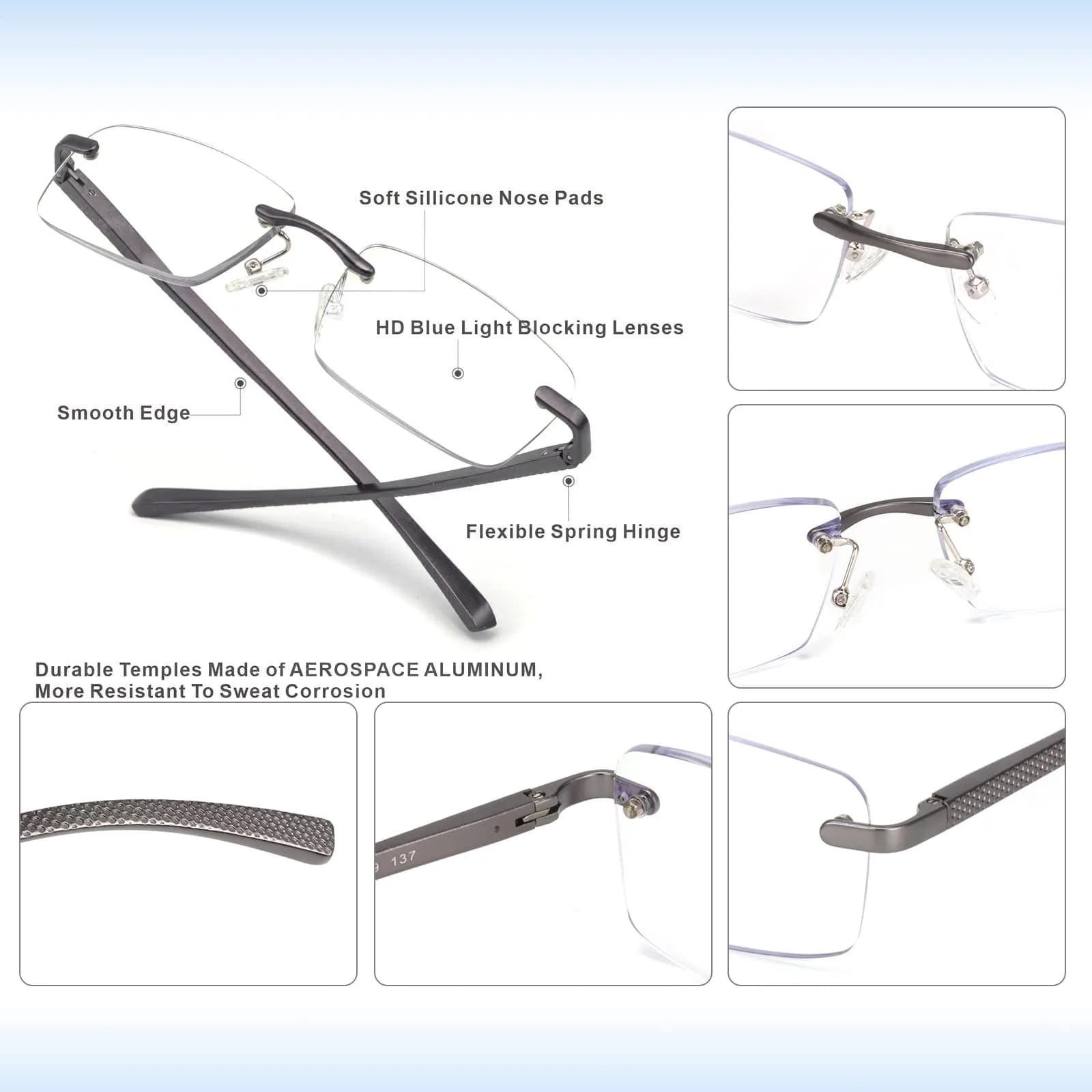 Missfive Premium Aluminum Progressive Multifocus Reading Glasses 1.5 Diopters (0.75x-1.5x) | Blue Light Blocking, Rimless Metal Readers - view 7