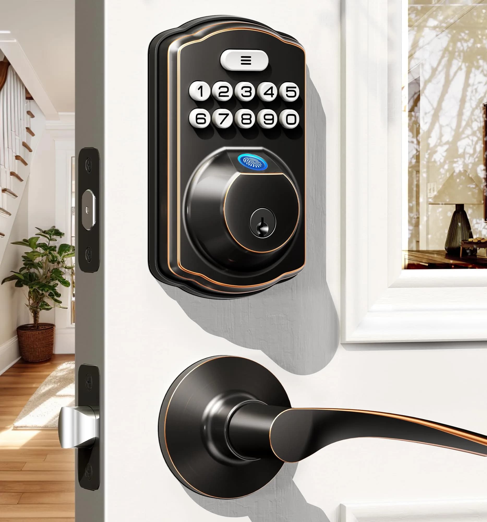 Veise Fingerprint Door Lock with 2 Lever Handles | Auto Lock & Biometric Security (70-120 chars) — Oil Rubbed Bronze