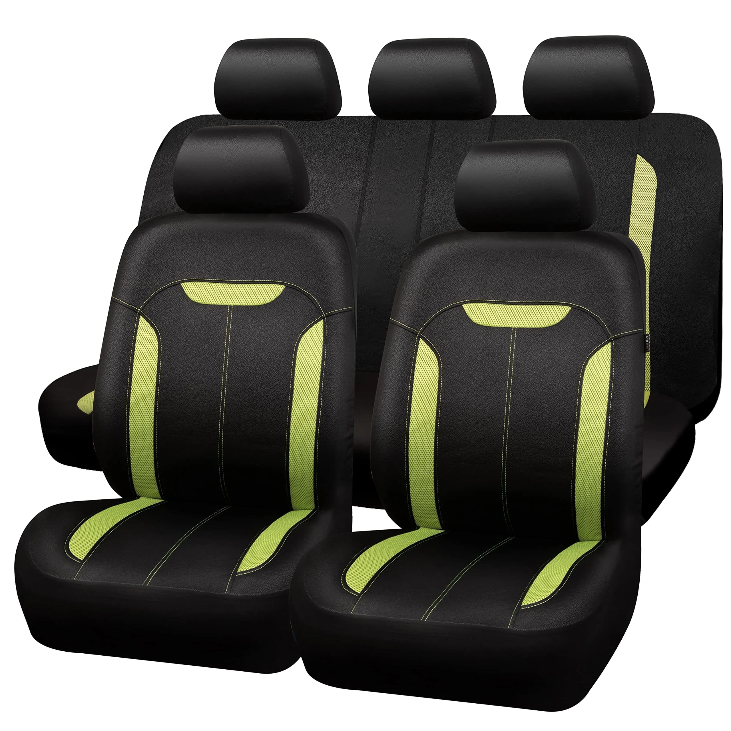 CAR PASS 3D Air Mesh in Cloth Leather Grain Breathable Car Seat Covers Full Set, Universal Fit, Black Green | Airbag Compatible & Easy Install