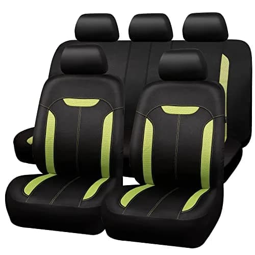 CAR PASS 3D Air Mesh in Cloth Leather Grain Breathable Car Seat Covers Full Set, Universal Fit, Black Green | Airbag Compatible & Easy Install thumbnail 1