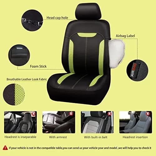 CAR PASS 3D Air Mesh in Cloth Leather Grain Breathable Car Seat Covers Full Set, Universal Fit, Black Green | Airbag Compatible & Easy Install thumbnail 4