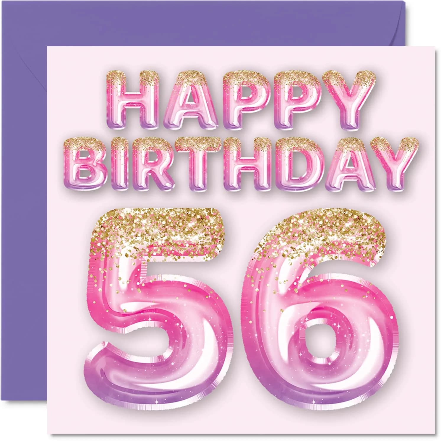 Stuff4 56th Birthday Card for Women, Pink & Purple Glitter Balloons | Funny & Elegant 5.7 x 5.7 Inch