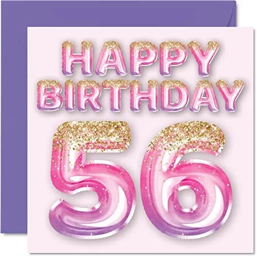 Stuff4 56th Birthday Card for Women, Pink & Purple Glitter Balloons | Funny & Elegant 5.7 x 5.7 Inch thumbnail 1