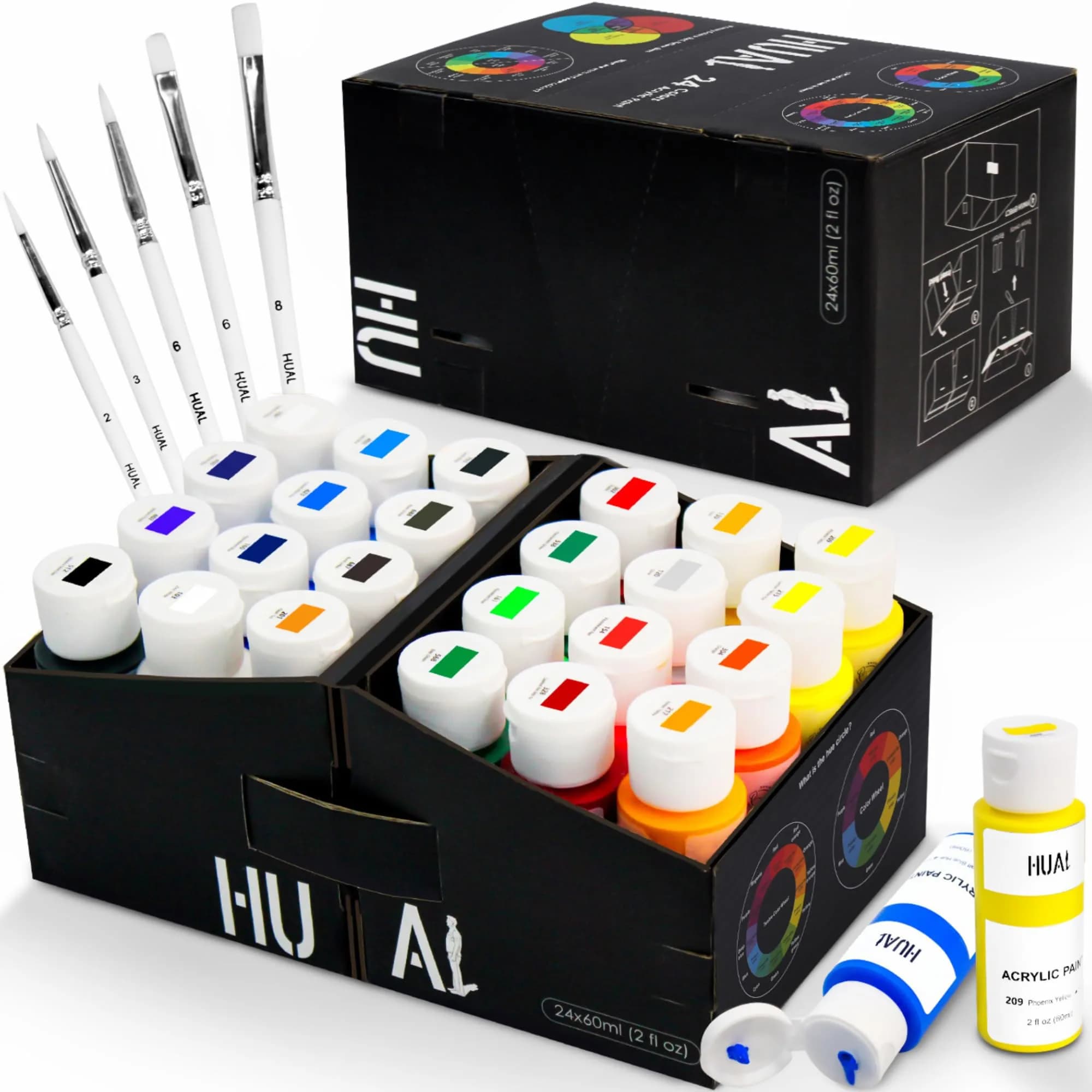 HUAL Acrylic Paint Set With 5 Brushes, 24 Colors 60ml (2 fl oz) | ASTM D-4236 Certified Non-Toxic