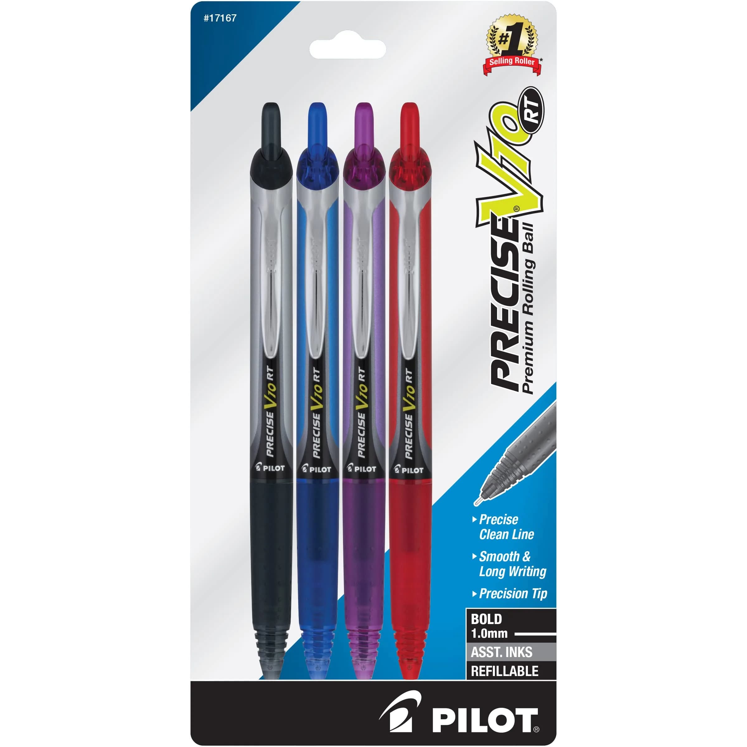 Pilot Precise V10 Retractable Rolling Ball Pens, Bold Point 1.0mm Assorted 4-Count | Smooth Ink Flow for Students & Professionals - main product image
