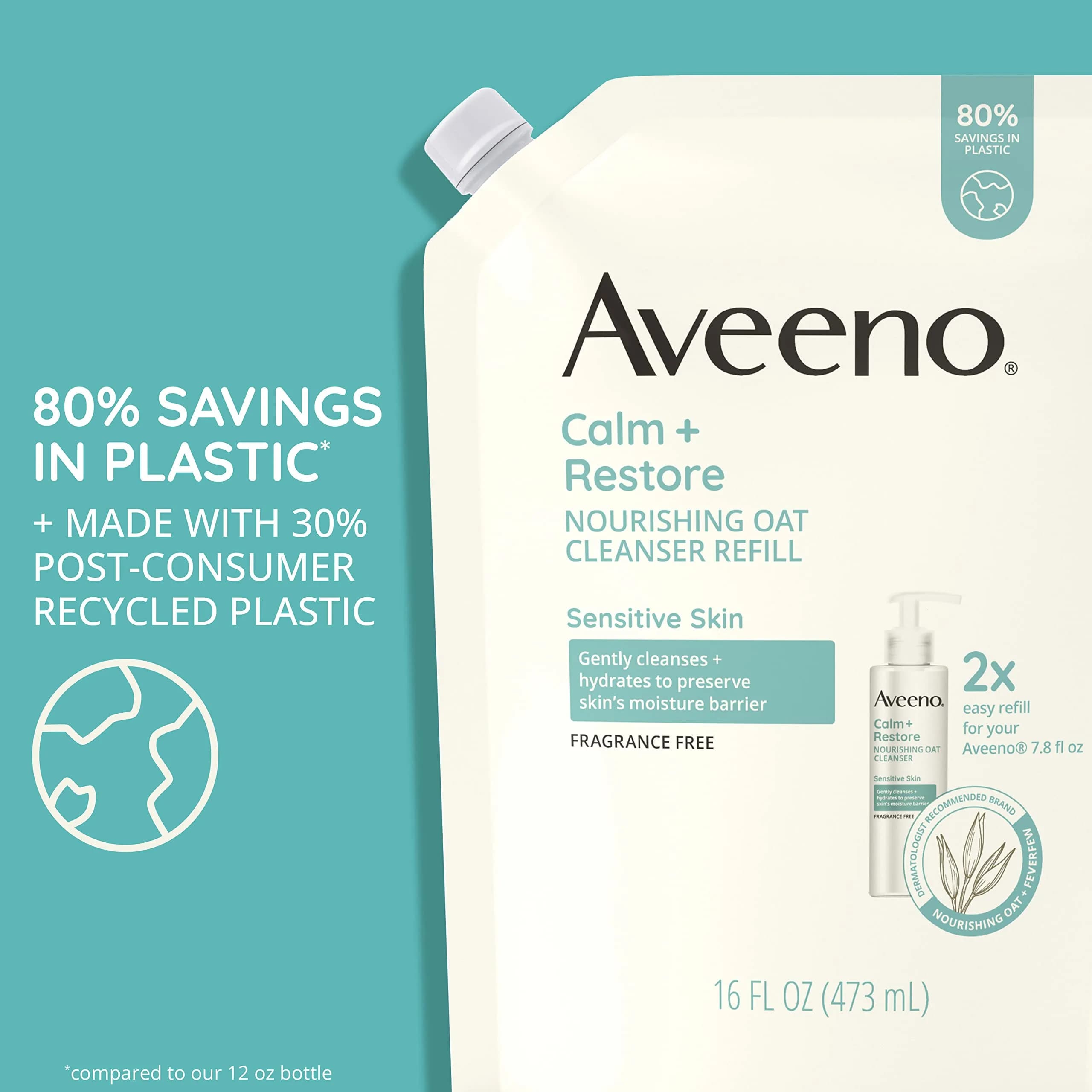 Aveeno Calm + Restore Nourishing Oat Facial Cleanser Refill Pouch 473ml (16 fl. oz) | Gentle Gel Face Wash for Sensitive Skin - view 2