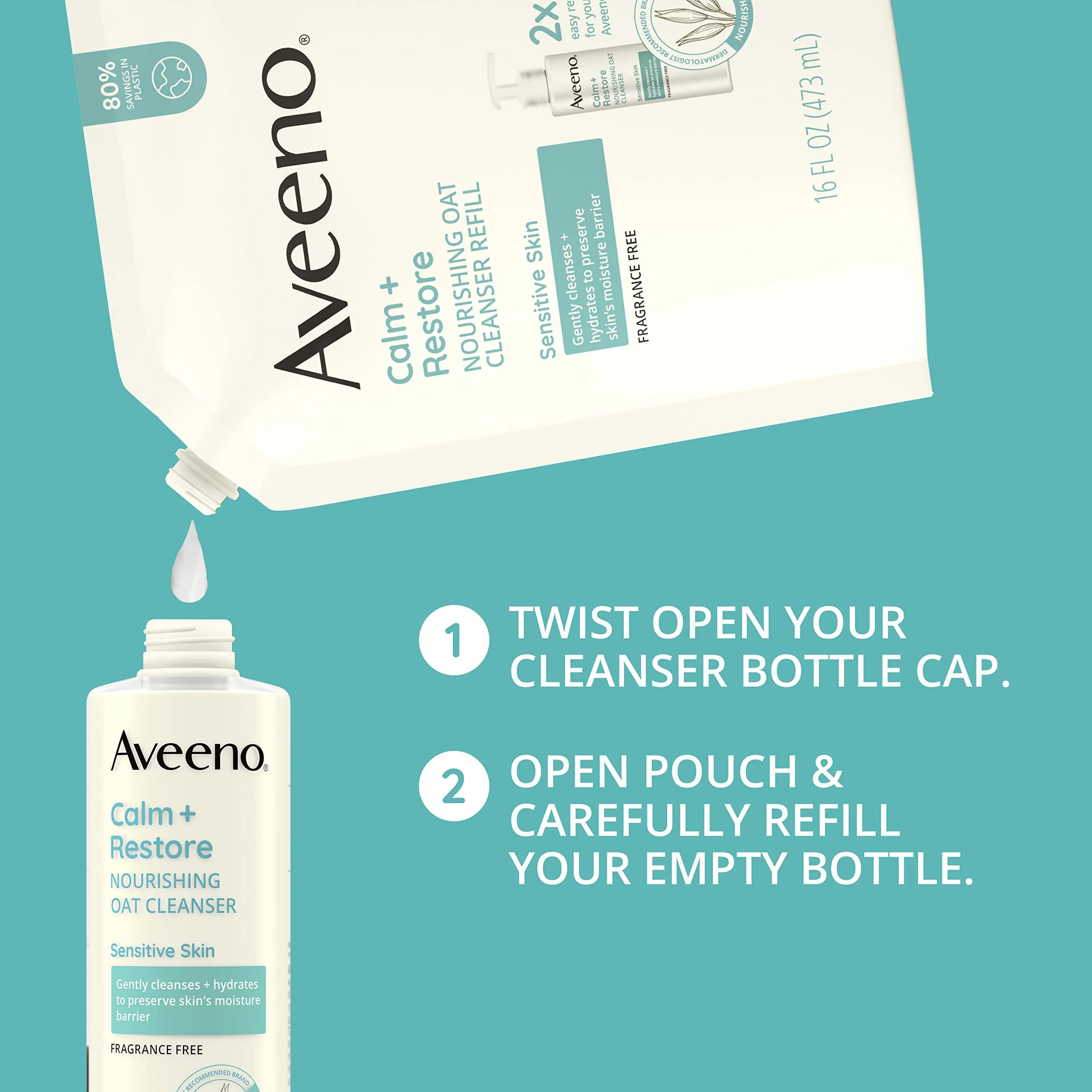 Aveeno Calm + Restore Nourishing Oat Facial Cleanser Refill Pouch 473ml (16 fl. oz) | Gentle Gel Face Wash for Sensitive Skin - view 3