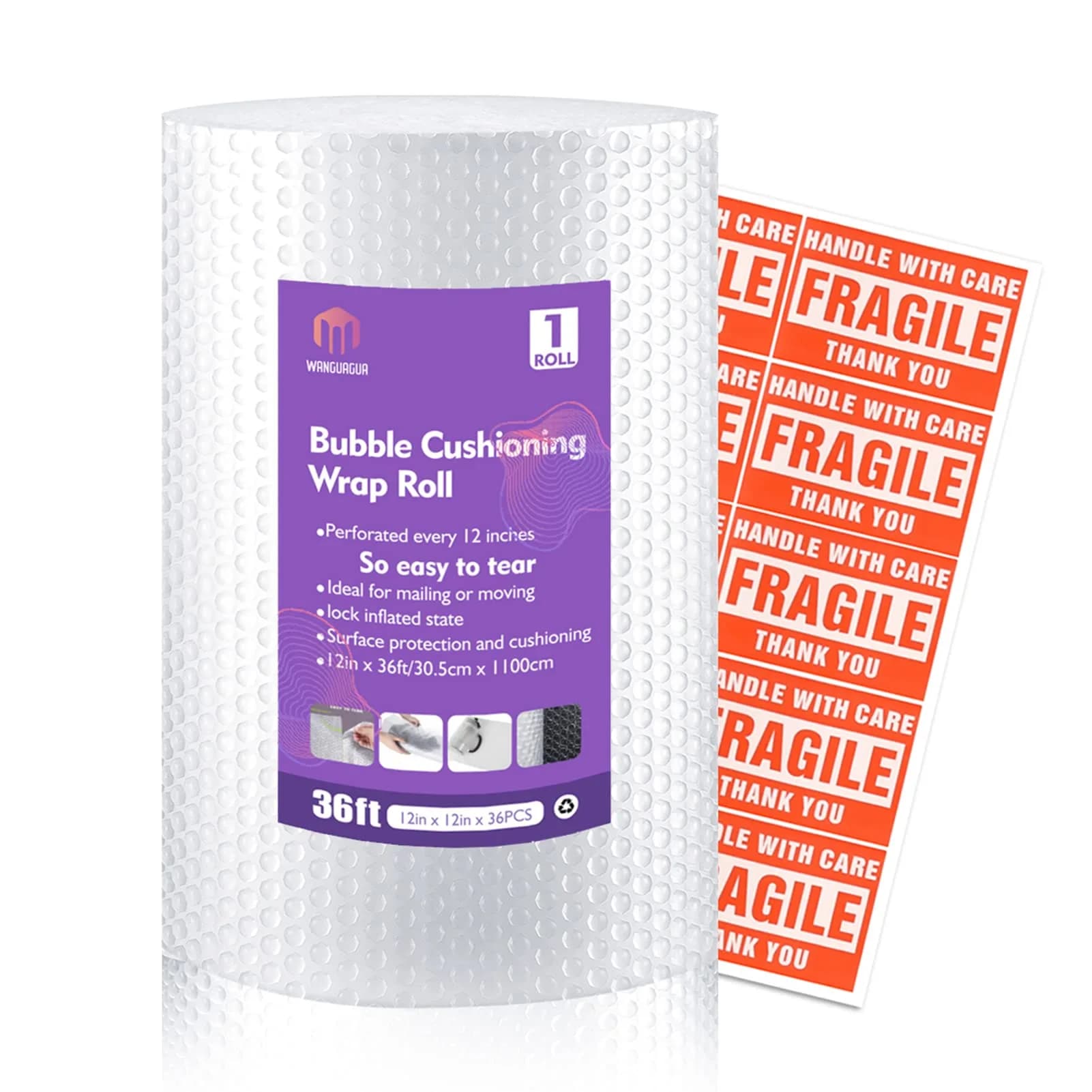 WANGUAGUA Perforated Bubble Wrap 12 Inch x 100 ft Total | ISO9001 Certified & Reusable Packing Material — 12in. x 36ft. / 1 Roll / Clear