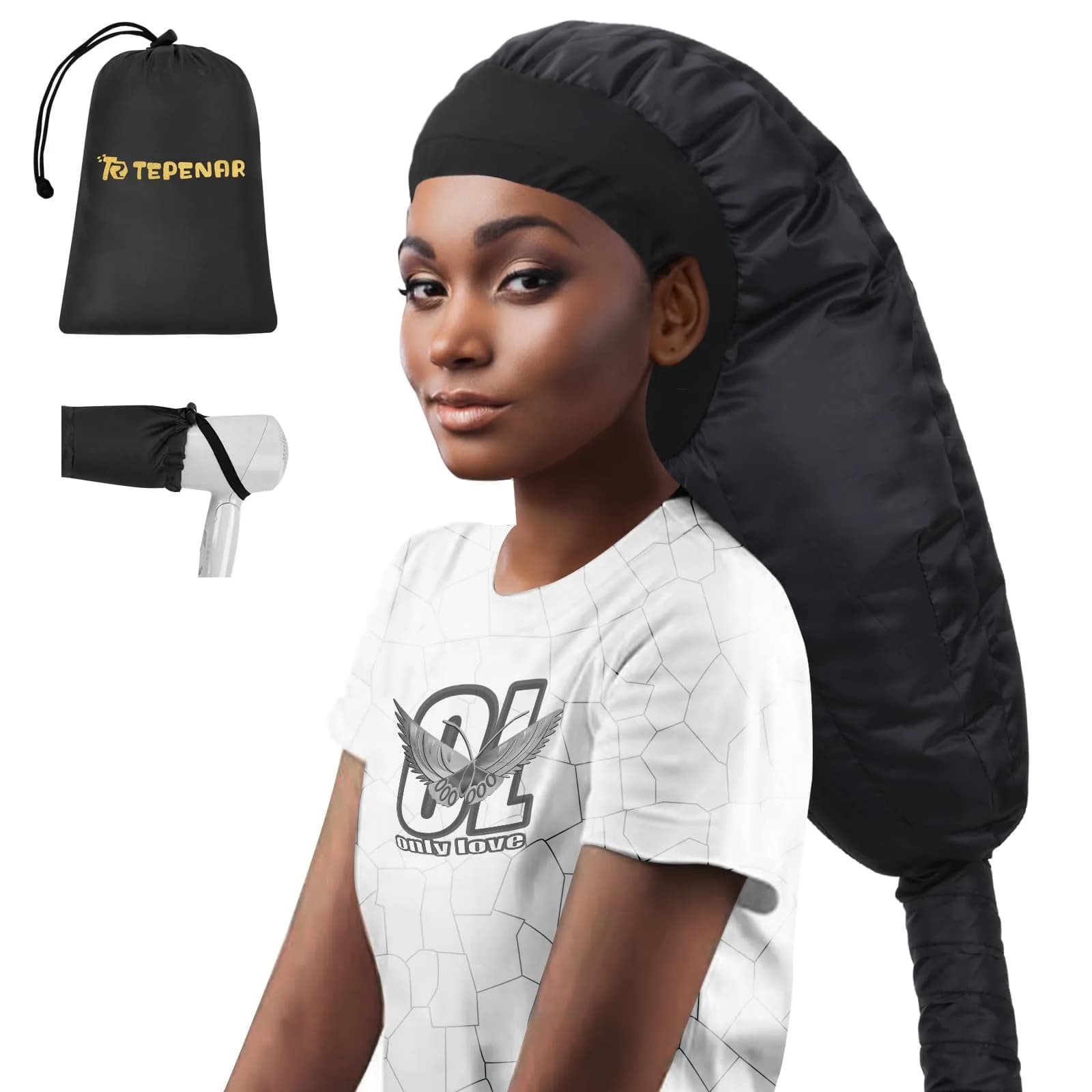 TEPENAR Hair Dryer Bonnet Attachment: Extra Large Hood, Adjustable, Fast Drying, for Curly Hair, Black | Portable & Handsfree — Extra Large - Black