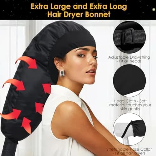 TEPENAR Hair Dryer Bonnet Attachment: Extra Large Hood, Adjustable, Fast Drying, for Curly Hair, Black | Portable & Handsfree thumbnail 2