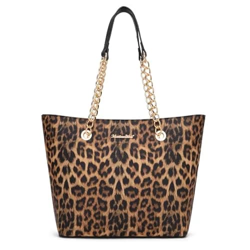 Montana West Leopard Print Tote Bag with Gold Chain Handle & Zipper Closure, 30.5cm (12") x 27.9cm (11") x 12.2cm (4.8") | Stylish Vegan Leather Handbag for Women thumbnail 1