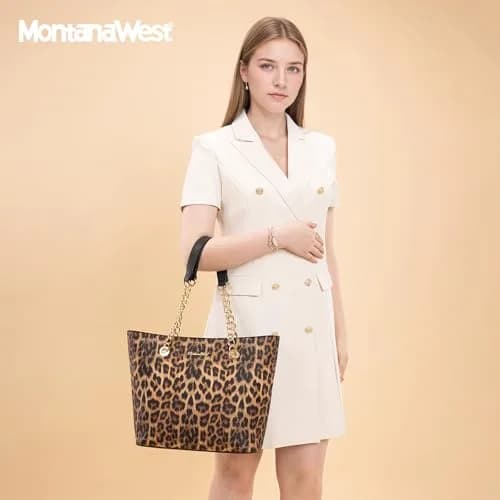 Montana West Leopard Print Tote Bag with Gold Chain Handle & Zipper Closure, 30.5cm (12") x 27.9cm (11") x 12.2cm (4.8") | Stylish Vegan Leather Handbag for Women thumbnail 6