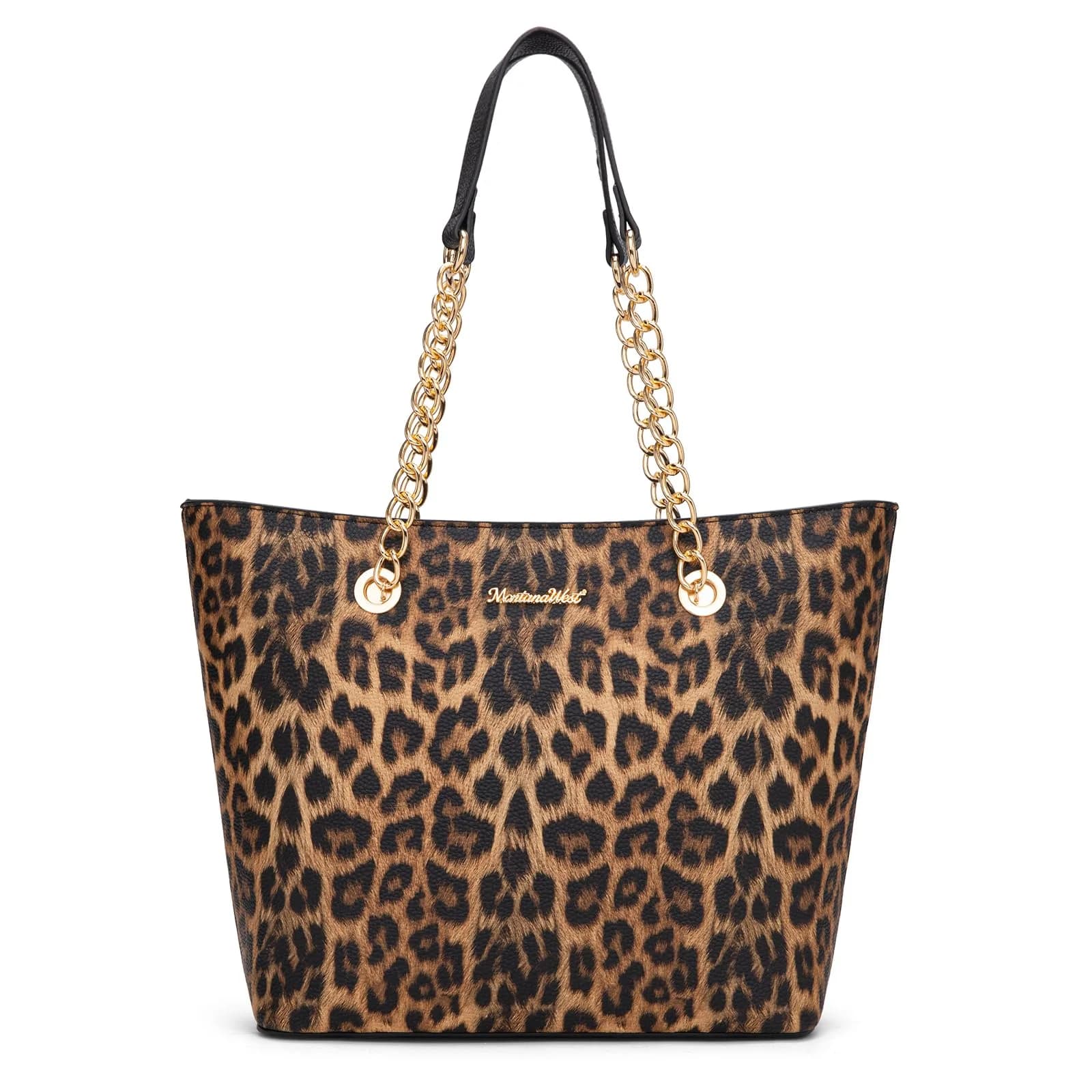 Montana West Leopard Print Tote Bag with Gold Chain Handle & Zipper Closure, 30.5cm (12") x 27.9cm (11") x 12.2cm (4.8") | Stylish Vegan Leather Handbag for Women
