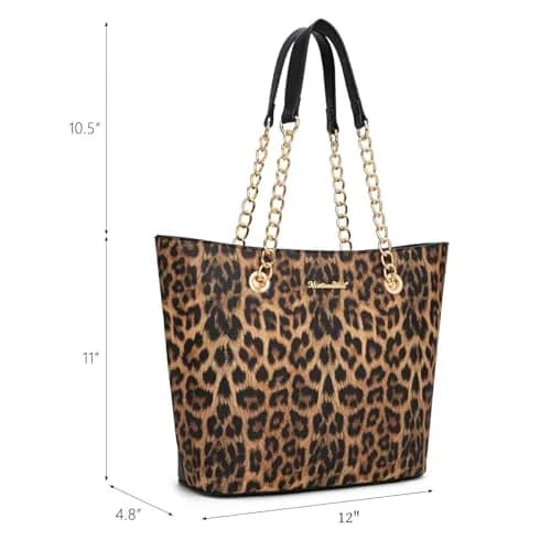 Montana West Leopard Print Tote Bag with Gold Chain Handle & Zipper Closure, 30.5cm (12") x 27.9cm (11") x 12.2cm (4.8") | Stylish Vegan Leather Handbag for Women thumbnail 3